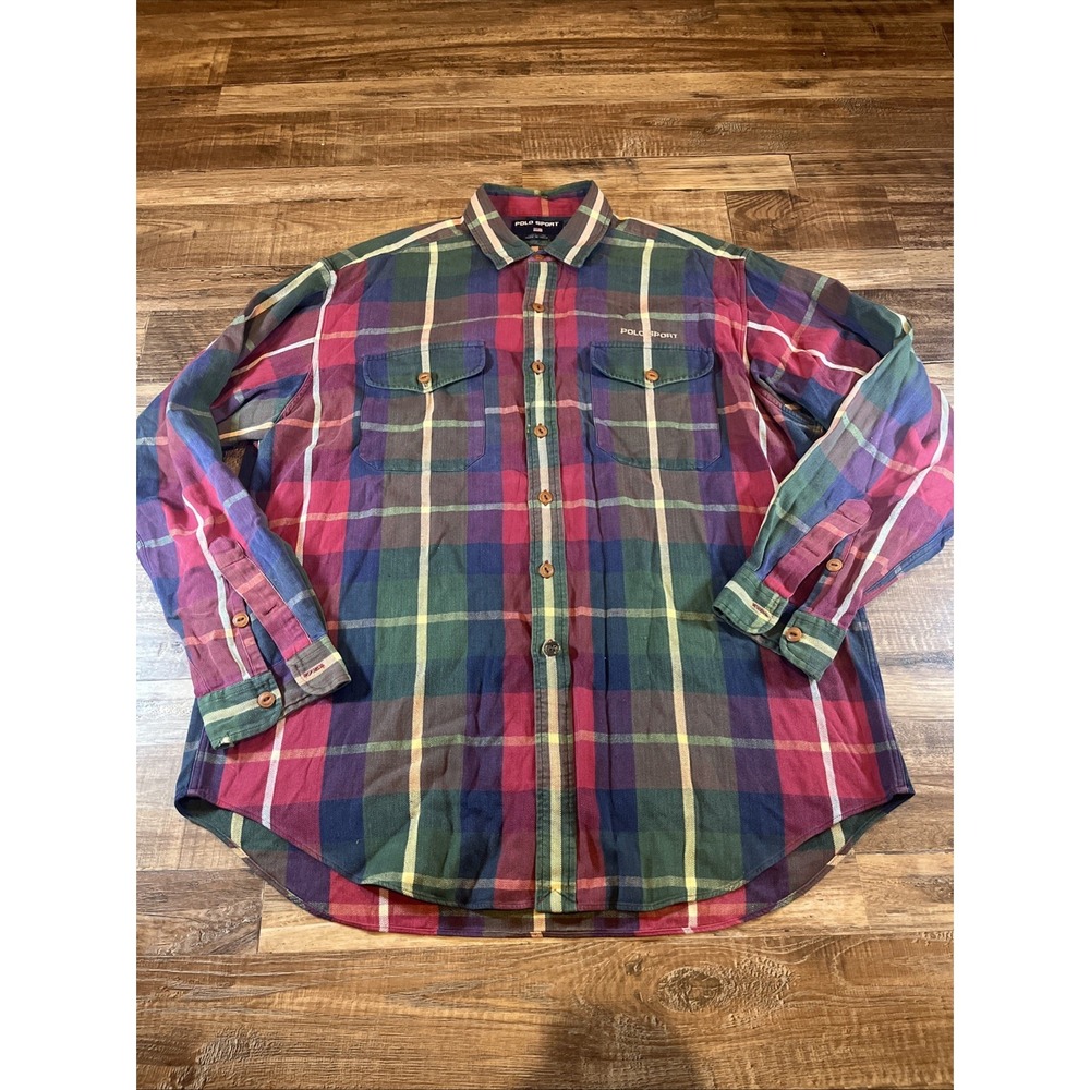 Vtg Polo Sport Men's XL Green Red Blue Flannel Plaid Shirt Button Up Utility